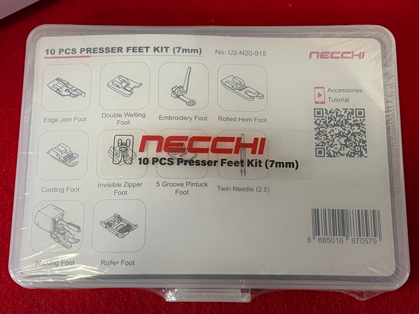 Necchi 10-piece 7mm presser feet kit with walking foot, embroidery foot, roller foot, and invisible zipper foot.