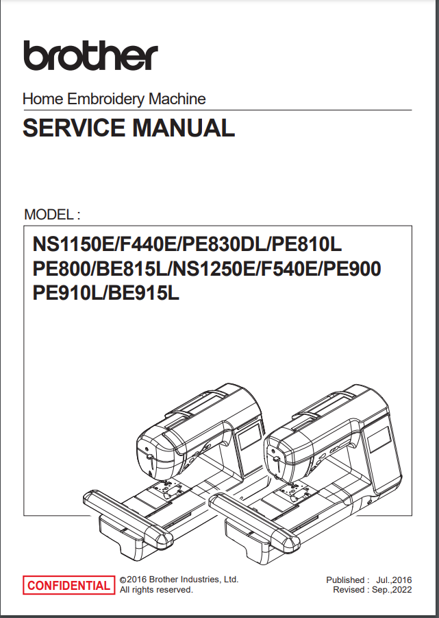 Brother parts and Service Manuals - BE815L_915L, F440E_540E, NS1150E_1250E, PE800_810L_830DL_900_910L Service
