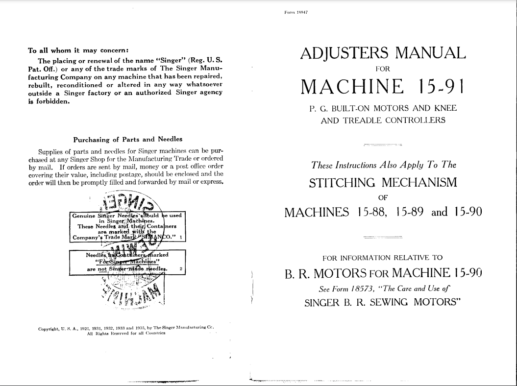 Singer Parts and Service Manuals - 15-88, 15-89, 15-90 and 15-91