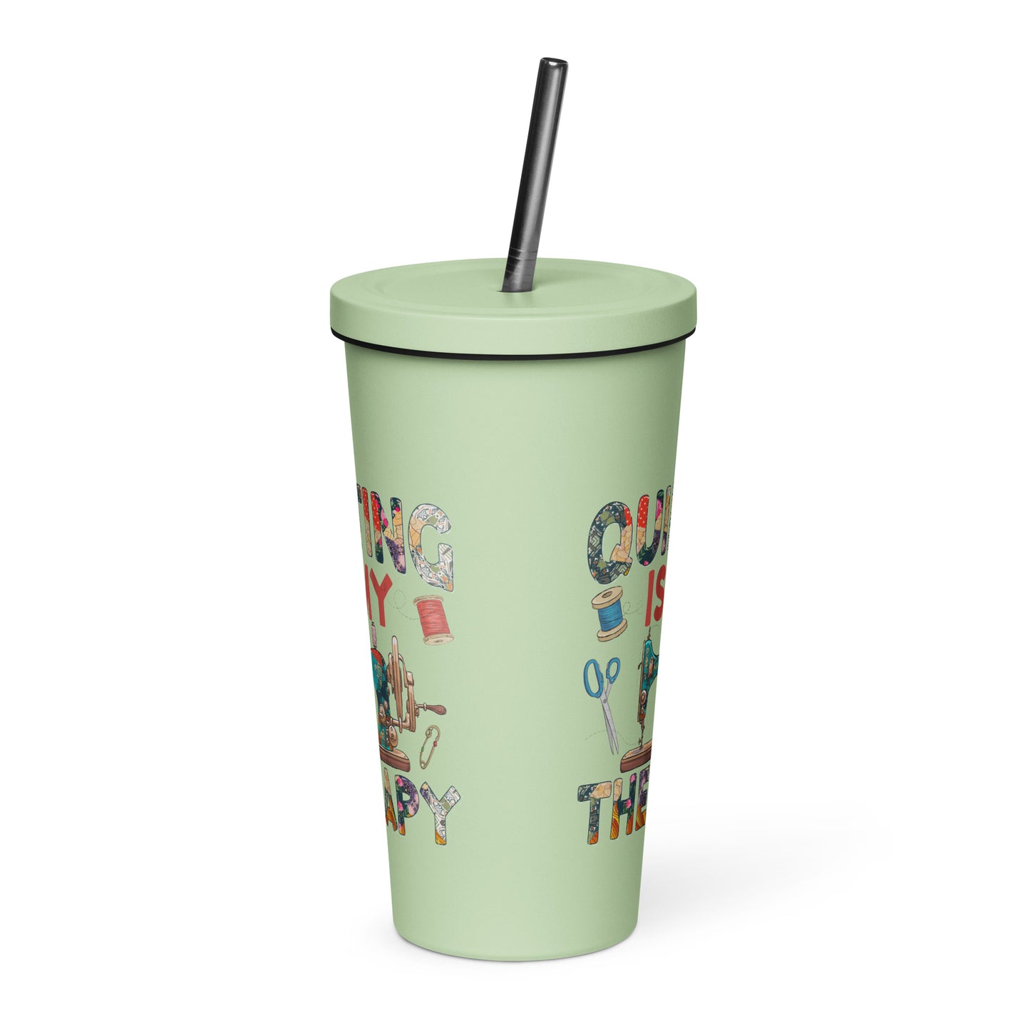 Quilting is My Therapy Insulated tumbler with a straw