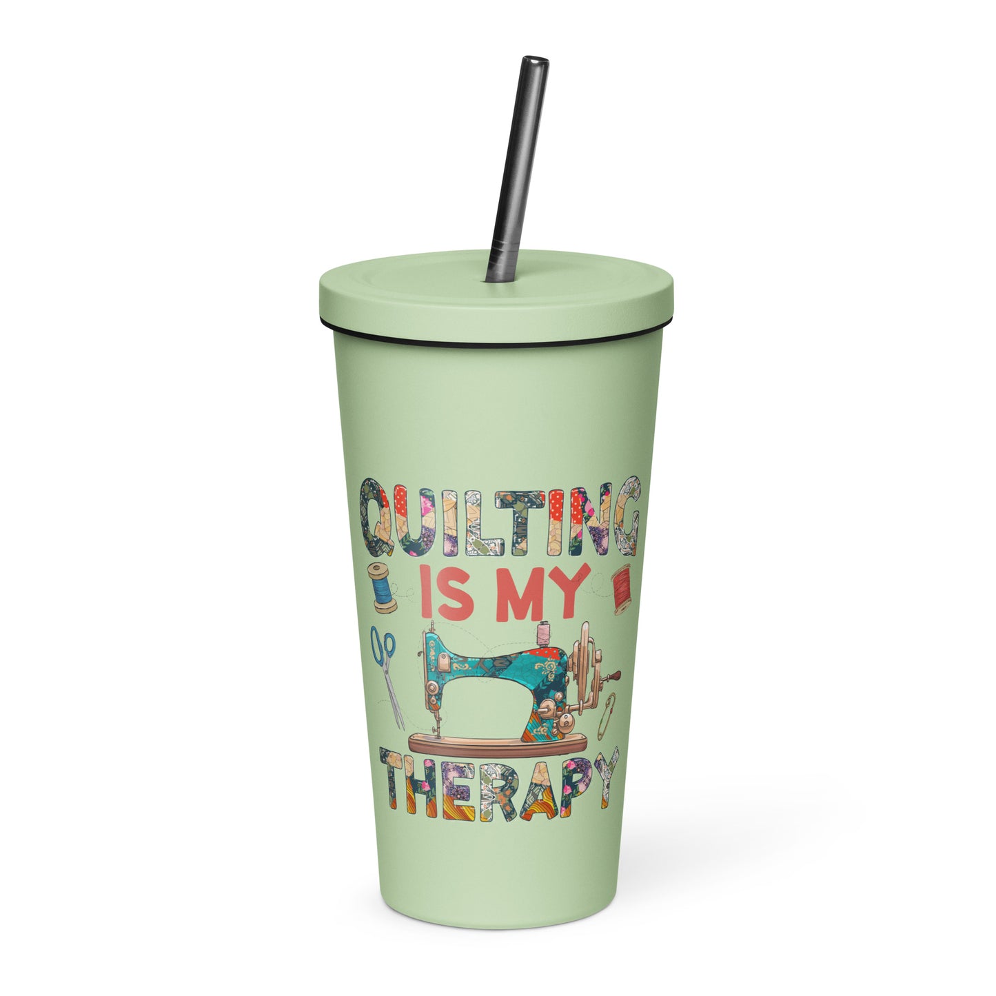 Quilting is My Therapy Insulated tumbler with a straw