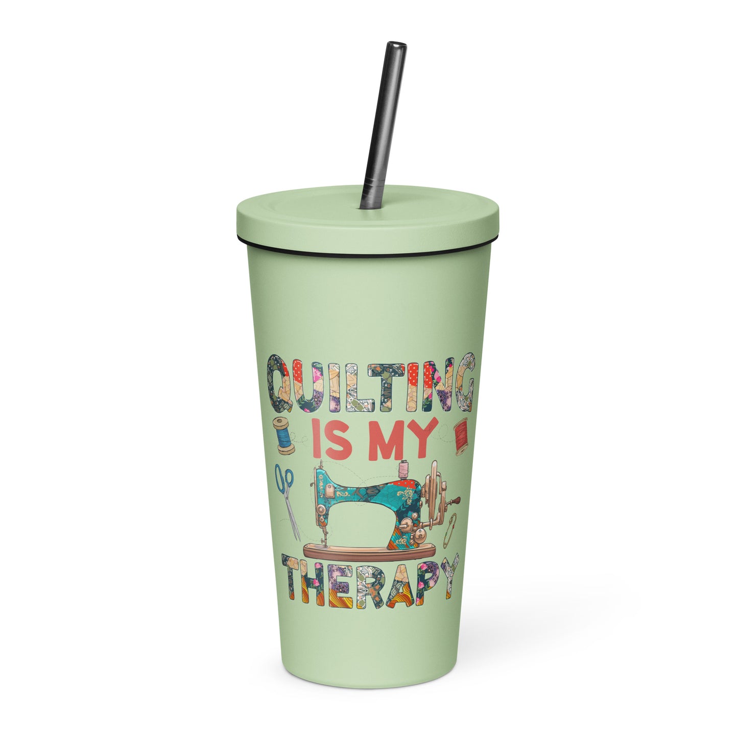 Quilting is My Therapy Insulated tumbler with a straw
