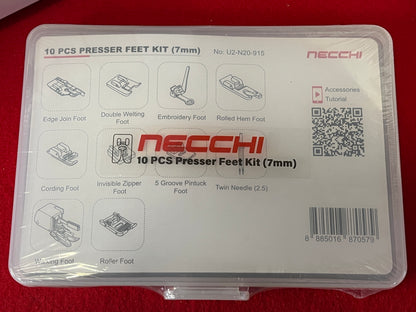 Necchi 10-piece 7mm presser feet kit with walking foot, embroidery foot, roller foot, and invisible zipper foot.