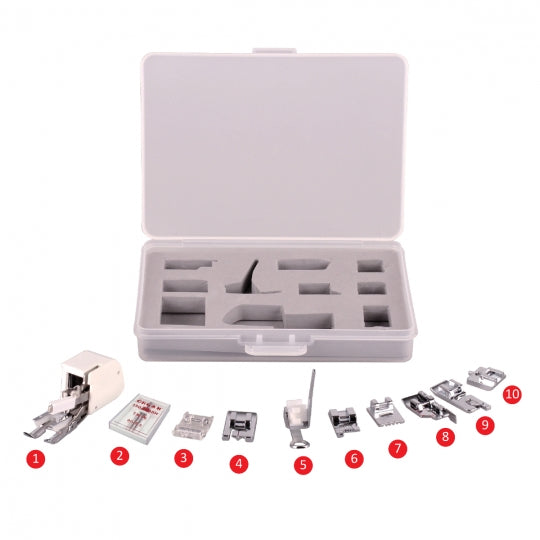 Necchi 10-piece 7mm presser feet kit with walking foot, embroidery foot, roller foot, and invisible zipper foot.