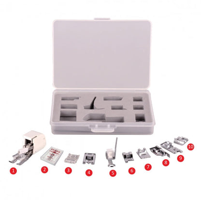 Necchi 10-piece 7mm presser feet kit with walking foot, embroidery foot, roller foot, and invisible zipper foot.