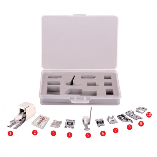 Necchi 10-piece 7mm presser feet kit with walking foot, embroidery foot, roller foot, and invisible zipper foot.